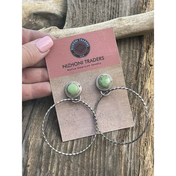 Navajo Sonoran Gold Turquoise & Sterling Silver Dangle Hoop Earrings